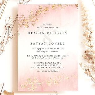 Invitación Rubor de reflejos dorados modernos Rosa acuarela B