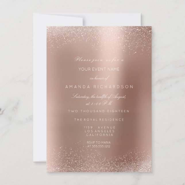 Invitación Rubor de Rosa Dorada Brillo Arena Nupcial Cumpleañ (Anverso)