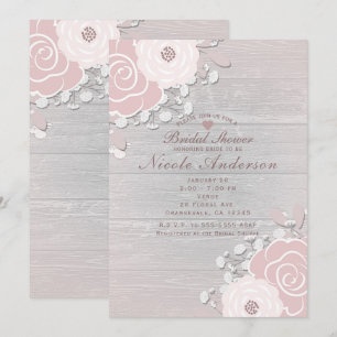 Invitación Rubor Desnudo Floral Rústico Flores & Madera Boda