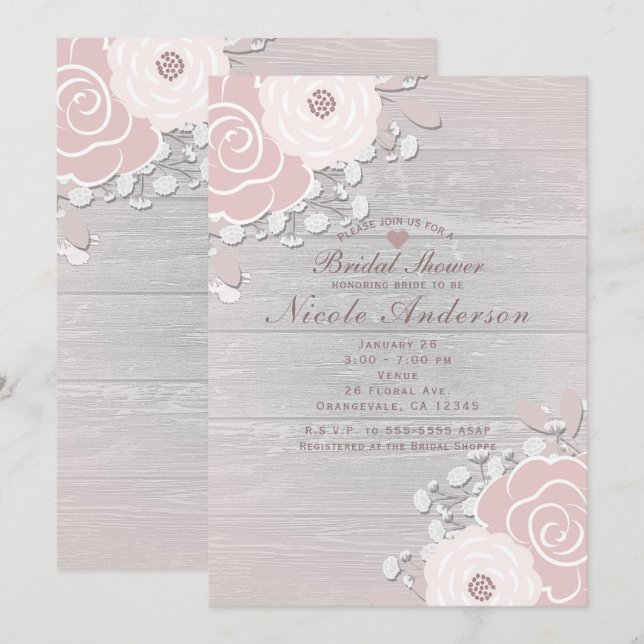 Invitación Rubor Desnudo Floral Rústico Flores & Madera Boda (Anverso / Reverso)