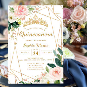 Invitación Rubor Dorado Floral Geométrico Mariposa Quinceañer