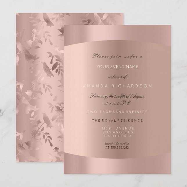 Invitación Rubor dorado rosa elegante formal floral colibrí (Anverso / Reverso)