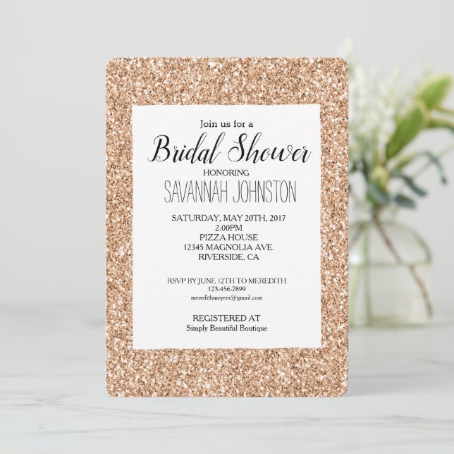 Invitación Rubor Dorado Rosa Melocotón Brillo Glitz (Anverso de pie)