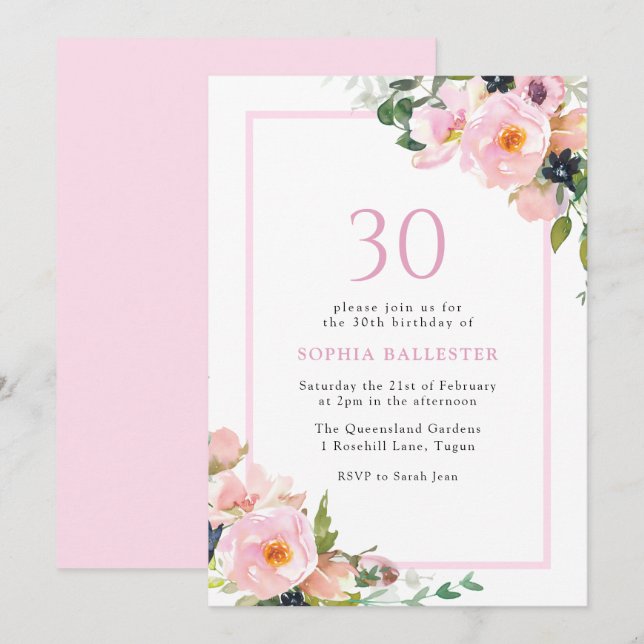 Invitación Rubor Dreams Floral Womans 30th Birthday Fiesta (Anverso / Reverso)