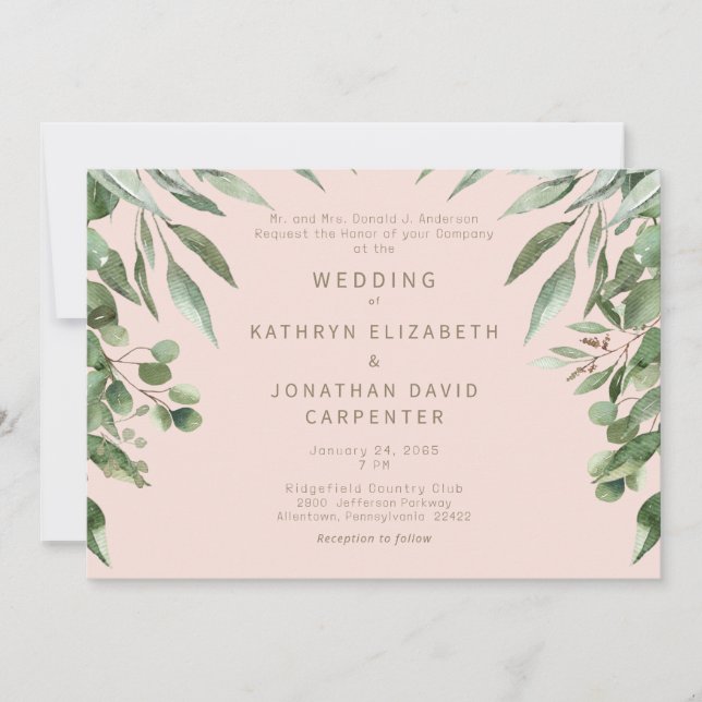 Invitación Rubor Dripping Eucalyptus Boda moderno (Anverso)