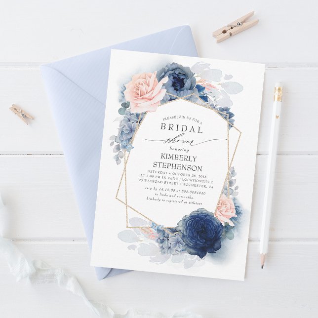 Invitación Rubor Dusty Blue Floral Modern Bridal Shower (Subido por el creador)