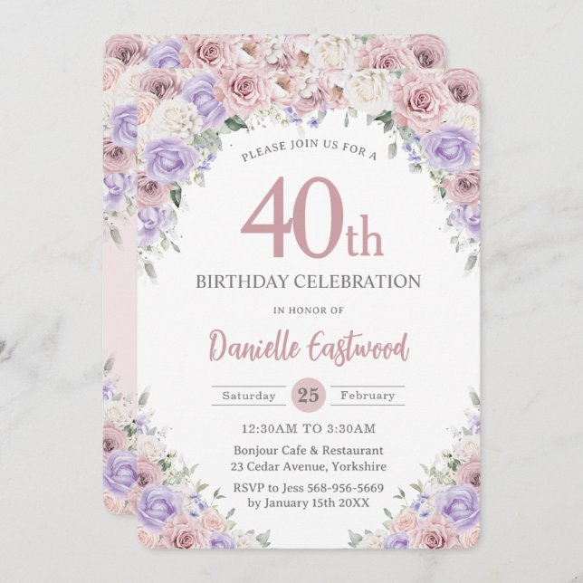 Invitación Rubor Dusty Pink Purple Floral 40° cumpleaños (Anverso / Reverso)