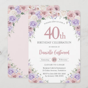 Invitación Rubor Dusty Pink Purple Floral 40° cumpleaños