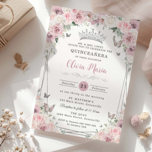 Invitación Rubor Dusty Pink White Floral Silver Quinceañera