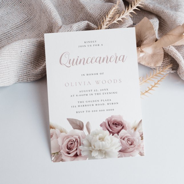 Invitación Rubor & Dusty Rosa Quinceanera (Subido por el creador)