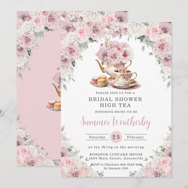 Invitación Rubor Dusty Té de ducha de novia con flores blanca (Anverso / Reverso)
