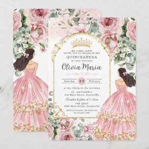 Invitación Rubor Dusty Vestido Floral Rosa Quinceañera Dulce 