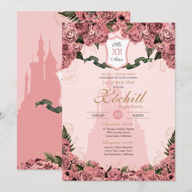 Invitación Rubor Elegant Princess Royalty Quinceanera (Anverso / Reverso)