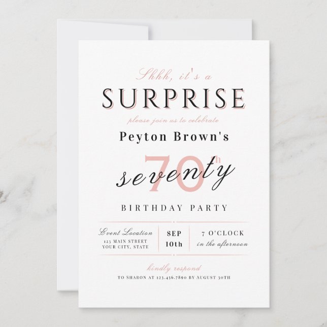Invitación Rubor elegante, elegante y elegante sorpresa 70 añ (Anverso)
