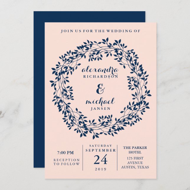Invitación Rubor elegante y boda botánica de la guirnalda de (Anverso / Reverso)