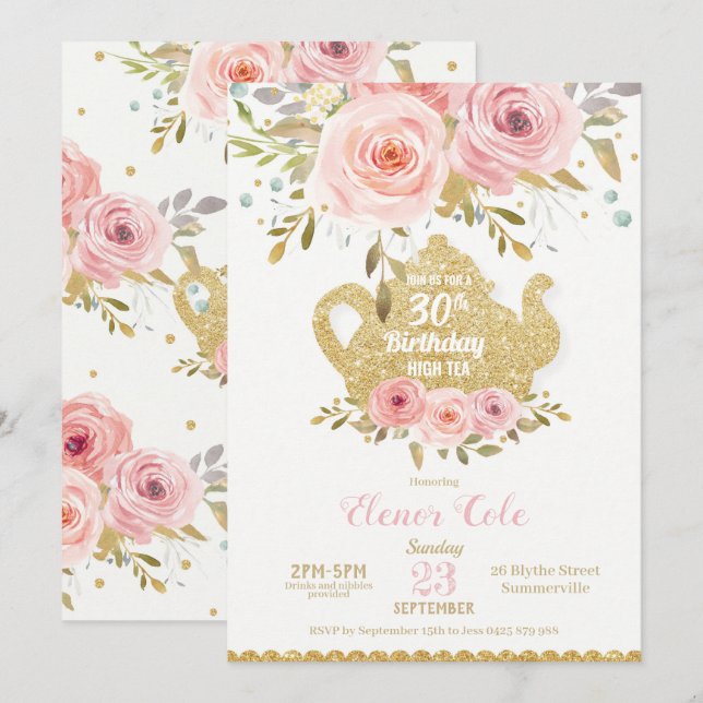 Invitación Rubor Floral 30.º Fiesta de té de cumpleaños de cu (Anverso / Reverso)