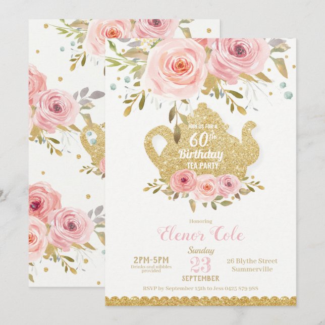 Invitación Rubor Floral 60 cumpleaños Fiesta de té de alto ni (Anverso / Reverso)