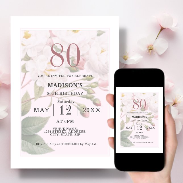 Invitación Rubor Floral | 80 cumpleaños (Subido por el creador)