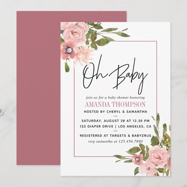 Invitación Rubor floral acuarela y Baby Shower de oro Rosa (Anverso / Reverso)