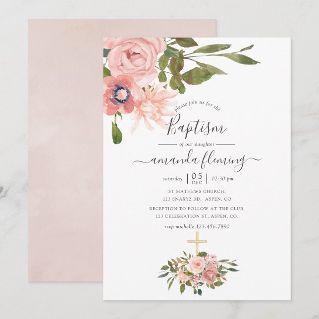 Invitación Rubor floral acuarela y bautismo de oro Subió (Anverso / Reverso)