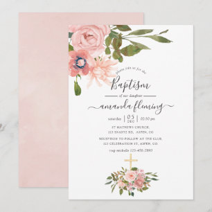 Invitación Rubor floral acuarela y bautismo de oro Subió