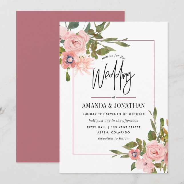Invitación Rubor floral acuarela y Boda de oro Rosa (Anverso / Reverso)
