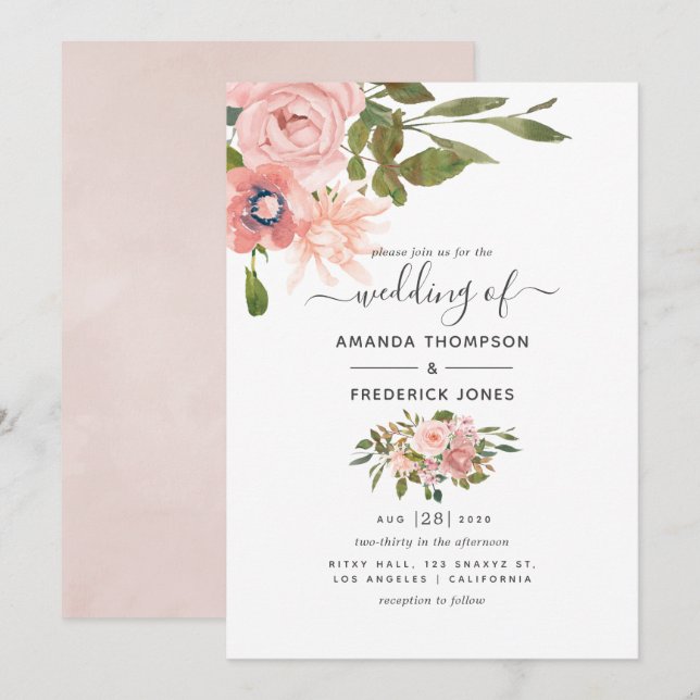 Invitación Rubor floral acuarela y Boda de oro Rosa (Anverso / Reverso)