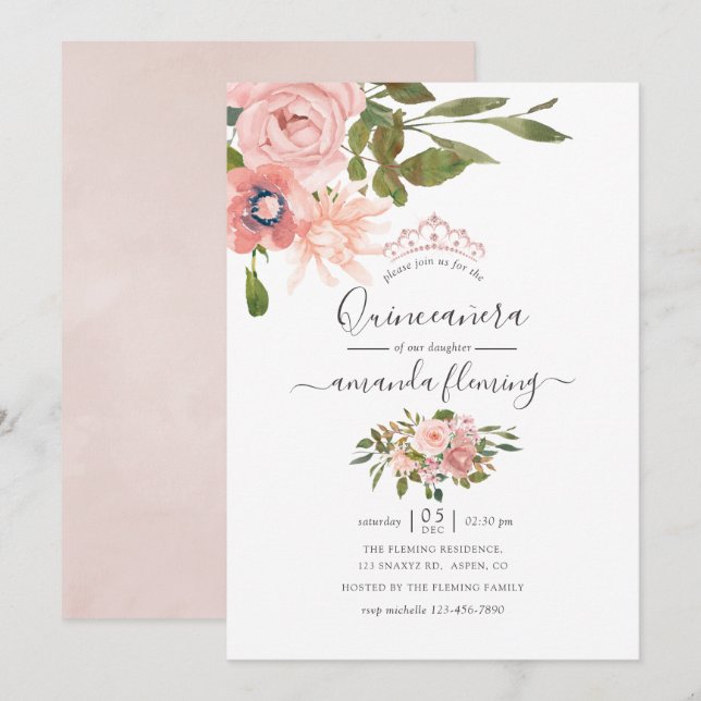 Invitación Rubor floral acuarela y Quinceañera de oro Rosa (Anverso / Reverso)