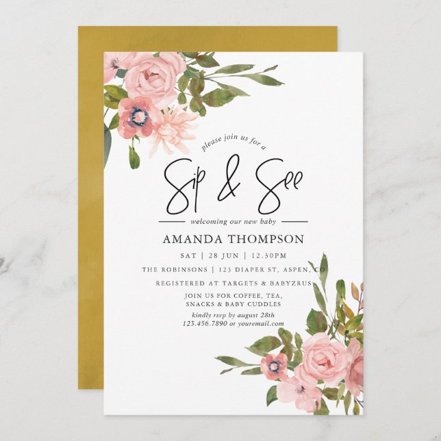 Invitación Rubor floral acuático y Gold Sip y See (Anverso / Reverso)