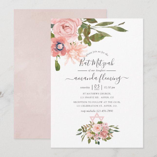 Invitación Rubor floral acuático y Rosa Gold Bat Mitzvah (Anverso / Reverso)