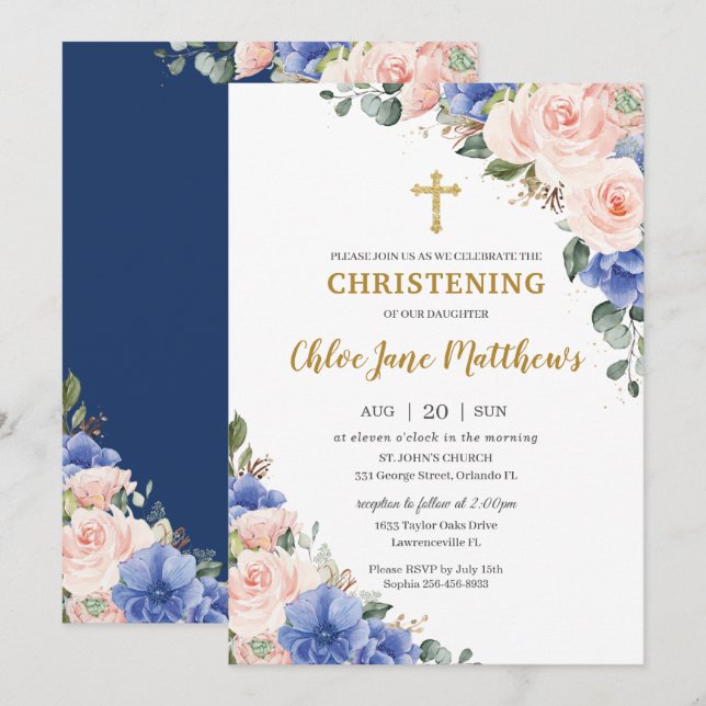 Invitación Rubor Floral Azul Rosa Dorado Bautismo Cristiano C (Anverso / Reverso)