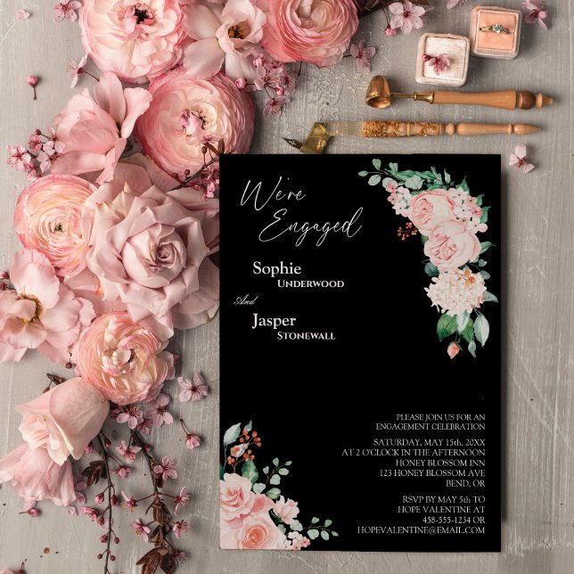 Invitación Rubor Floral Black estamos comprometidos (Subido por el creador)
