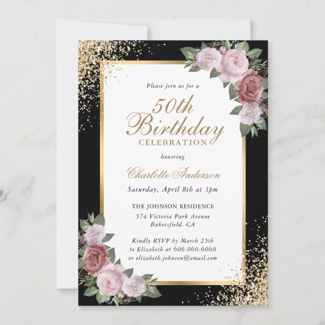 Invitación Rubor Floral Black Gold Confetti 50 cumpleaños (Anverso)