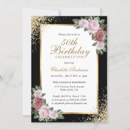 Invitación Rubor Floral Black Gold Confetti 50 cumpleaños