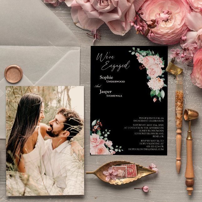 Invitación Rubor Floral Black Photo We are Engaged (Subido por el creador)