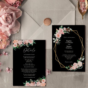 Invitación Rubor Floral Black Simple All In One Boda