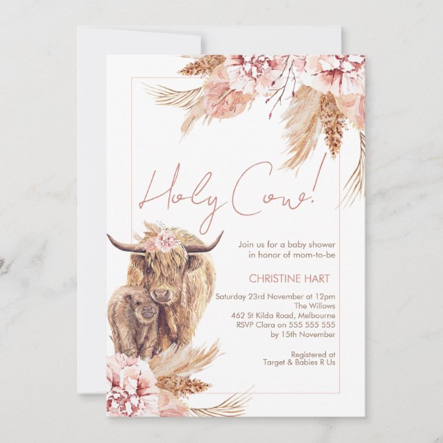 Invitación Rubor Floral Bohemian Cow Calf Baby Shower (Anverso)