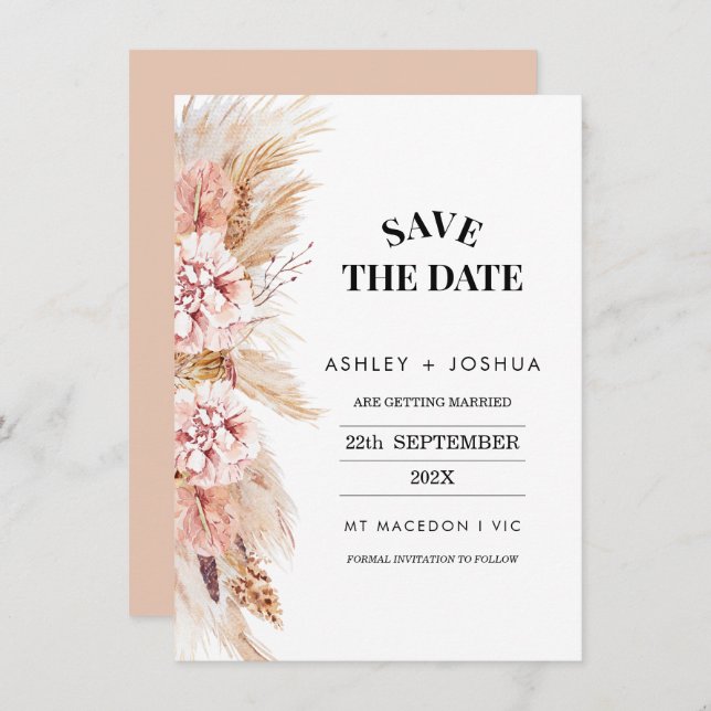 Invitación Rubor Floral Boho Pampas Grass Save The Date Card (Anverso / Reverso)