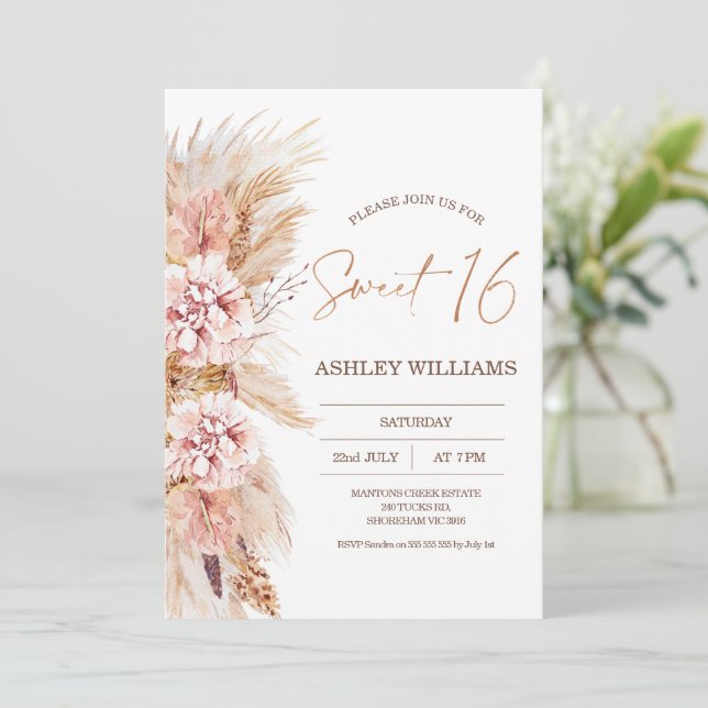 Invitación Rubor Floral Boho Pampas Grass Sweet 16 Cumpleaños (Anverso de pie)