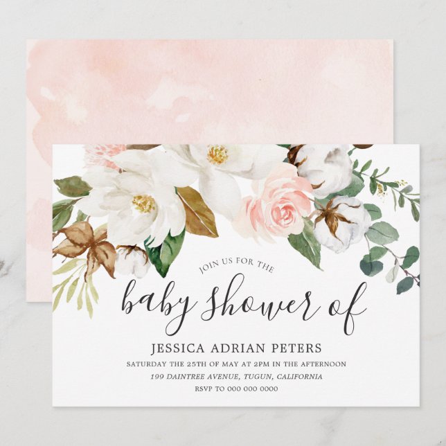 Invitación Rubor Floral Boy o Chica Baby Shower (Anverso / Reverso)