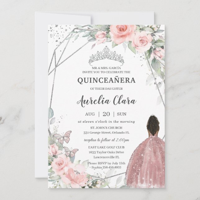 Invitación Rubor Floral Brown Princess Butterfly Quinceañera (Anverso)