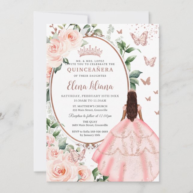 Invitación Rubor Floral Brown Princess Rosa Gold Quinceañera (Anverso)