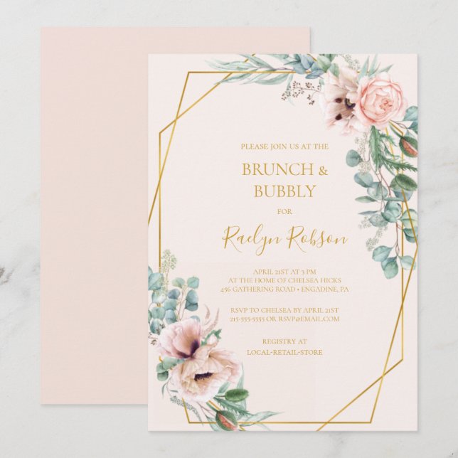 Invitación Rubor Floral | Brunch pastoral y ducha de burbujas (Anverso / Reverso)