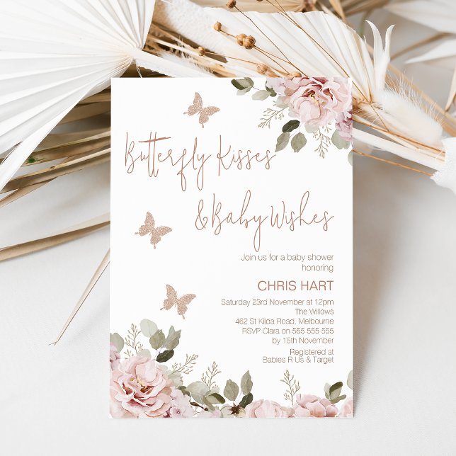 Invitación Rubor Floral Butterfly besa Baby Shower (Blush Boho Floral Butterfly Kisses and Baby Wishes Baby Shower Invitation Template, Bohemian)