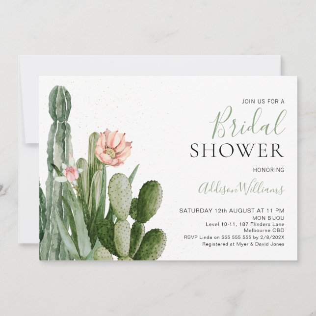 Invitación Rubor Floral Cactus Succulens Bridal Shower (Anverso)