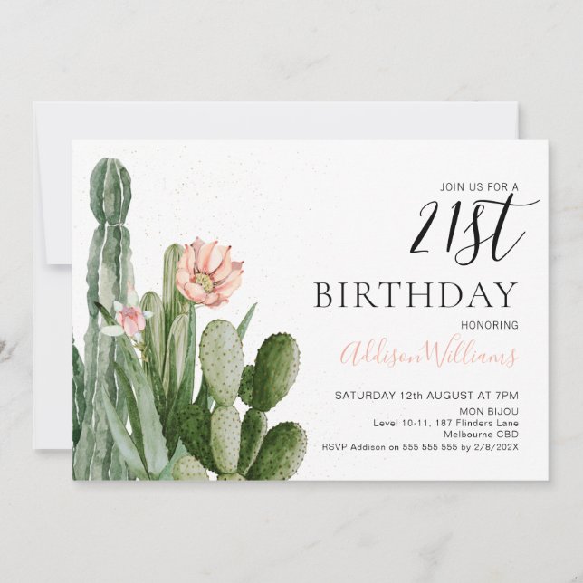 Invitación Rubor Floral Cactus Succulents 21º cumpleaños  (Anverso)