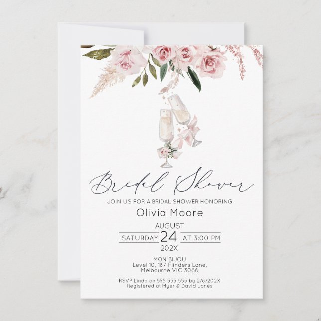 Invitación Rubor Floral Champagne Glasses Bridal Shower (Anverso)