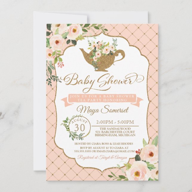 Invitación Rubor Floral Chica de lujo Tea Fiesta Baby Shower (Anverso)