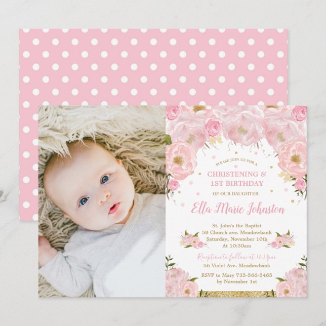 Invitación Rubor Floral Christening Primer cumpleaños Fiesta  (Anverso / Reverso)