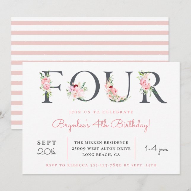 Invitación Rubor Floral CUATRO | 4.º Fiesta de cumpleaños (Anverso / Reverso)